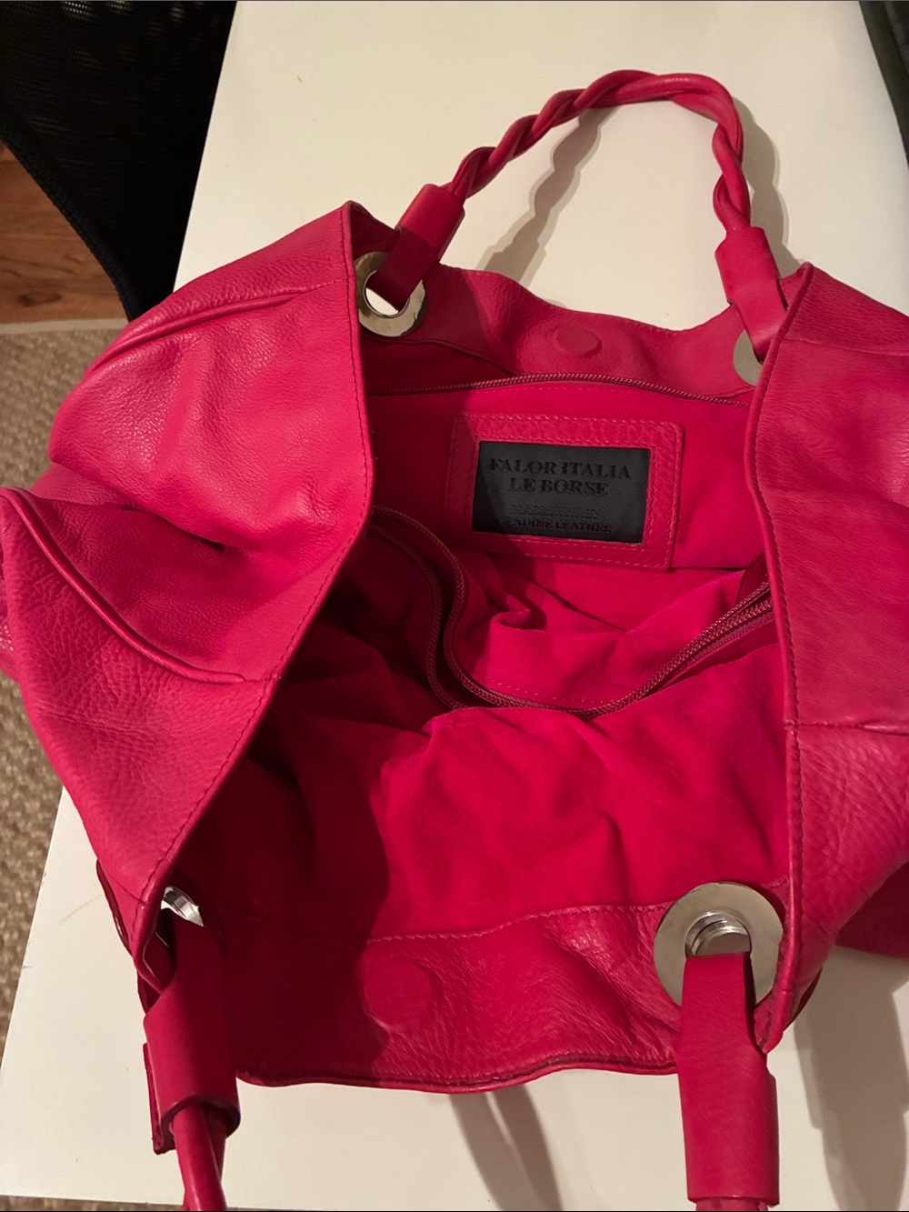 Vibrant Pink Leather Shoulder Bag with Braided Handles approximately 17” x10” - Picture 3 of 3